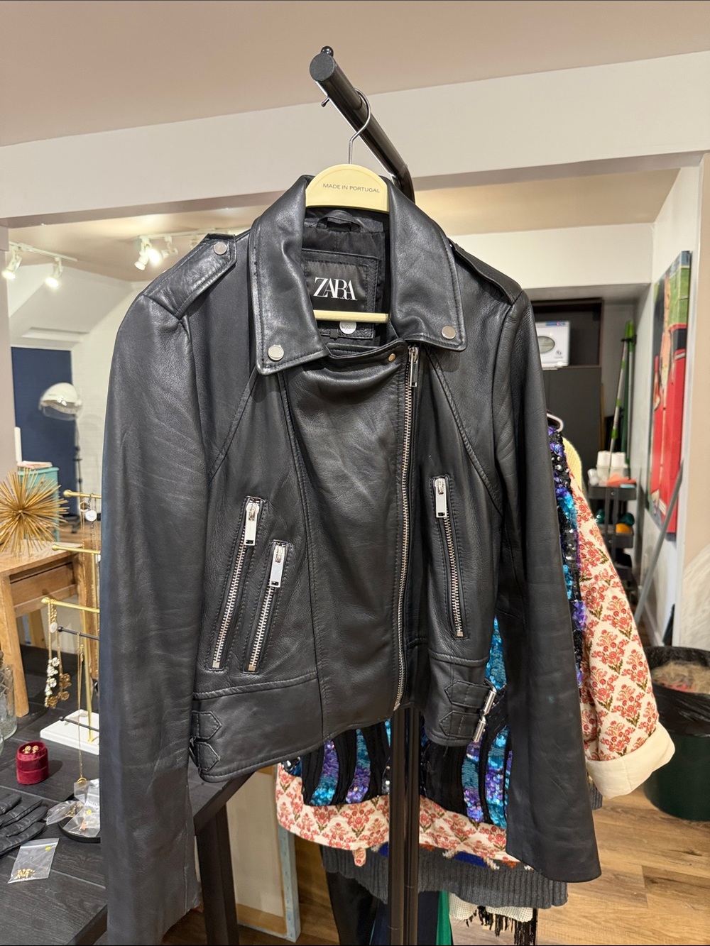 Zara Black Leather Moto Jacket with Silver Hardware
